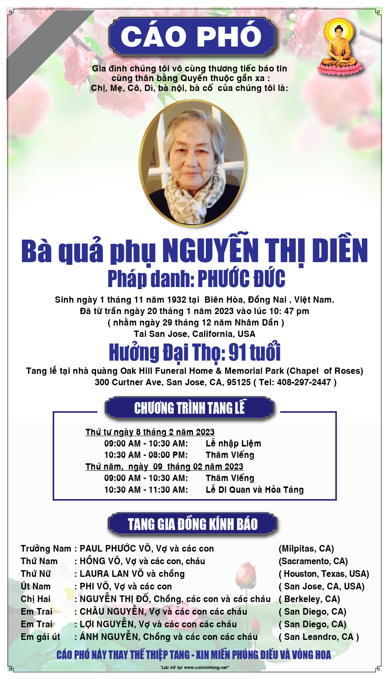 Cáo phó Nguyễn Thị Diền Cõi vĩnh hằng